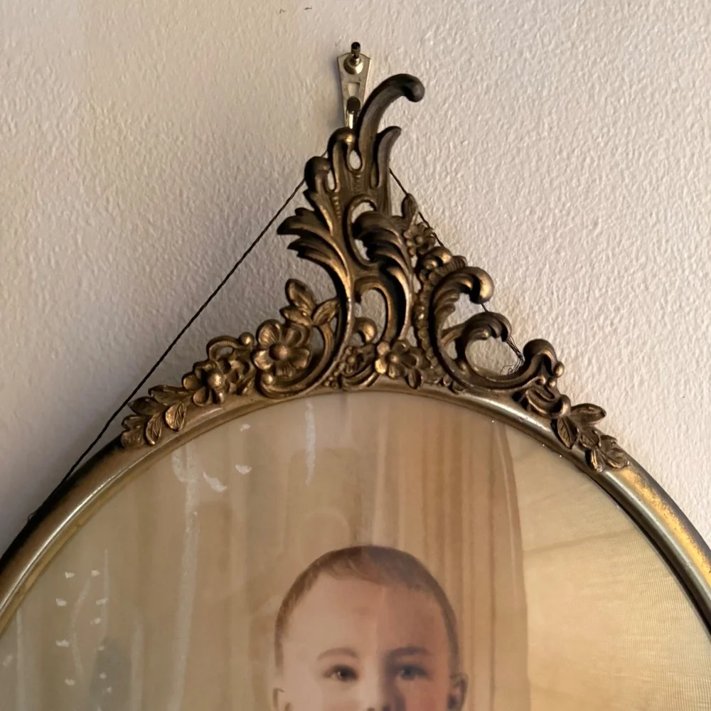 Antique Oval Bubble Glass Ornate Metal Frame Hand Colored Child Portrait Vintage